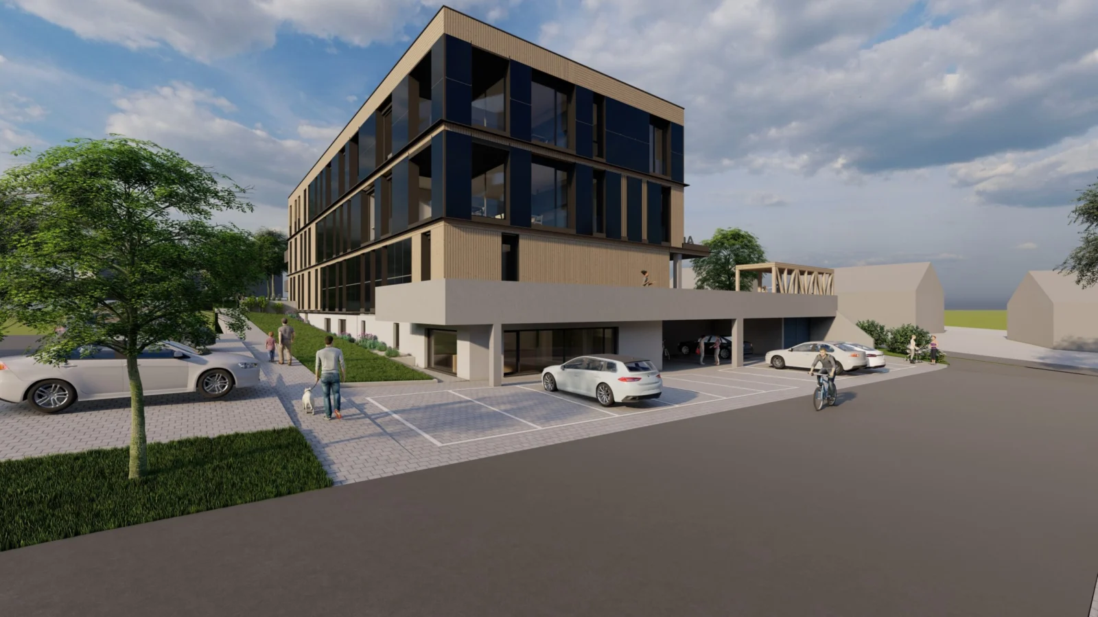Außenansicht des Ärztehauses mit Parkplätzen